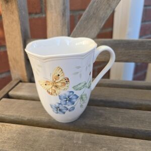Orange Sulphur Lenox White Mug with Butterfly and Blue Floral Design